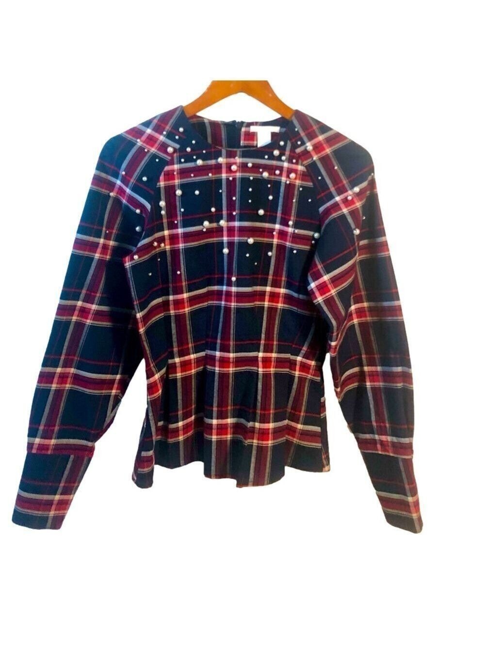 Plaid and pearl peplum top long-sleeved size 2 pre-owned like new by H&M